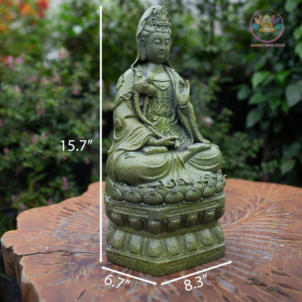 Guanyin Bodhisattva Statue 15.7" – Antique Green Stone Resin Kwan Yin Sculpture, Goddess of Mercy Figurine, Zen Buddhist Altar Decor Gift