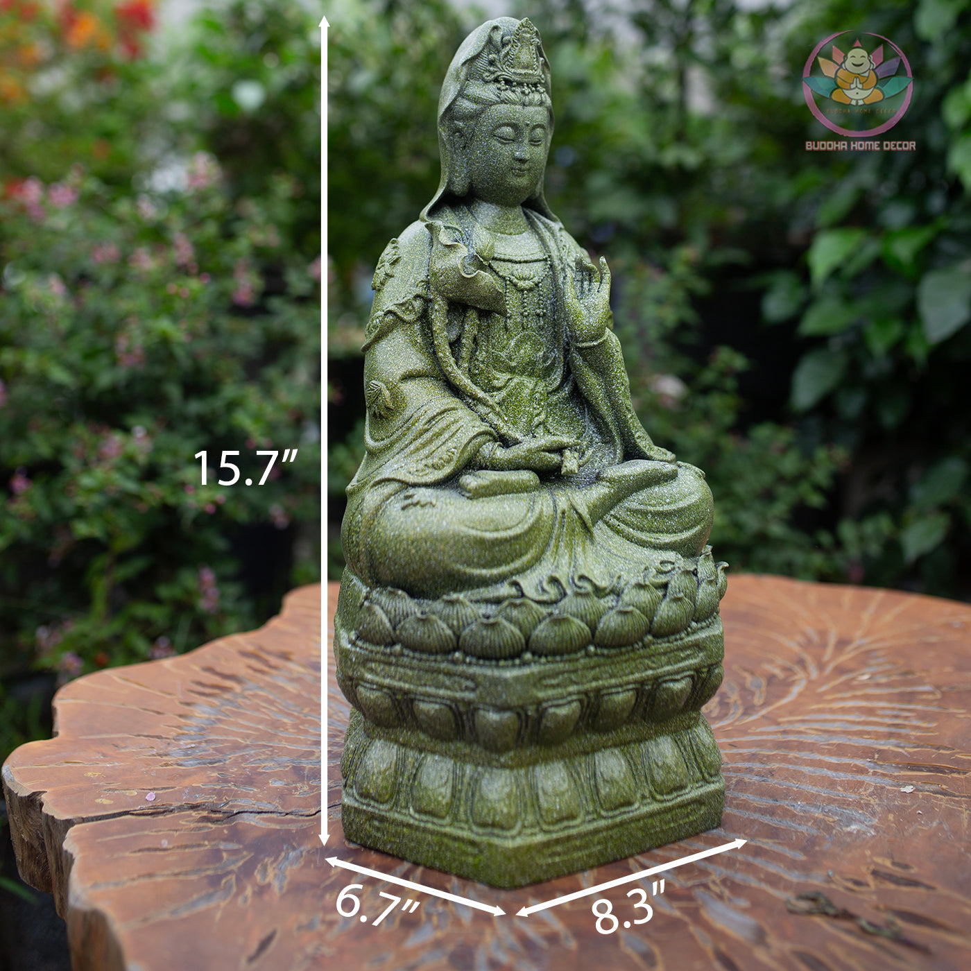 Guanyin Bodhisattva Statue 15.7" – Antique Green Stone Resin Kwan Yin Sculpture, Goddess of Mercy Figurine, Zen Buddhist Altar Decor Gift