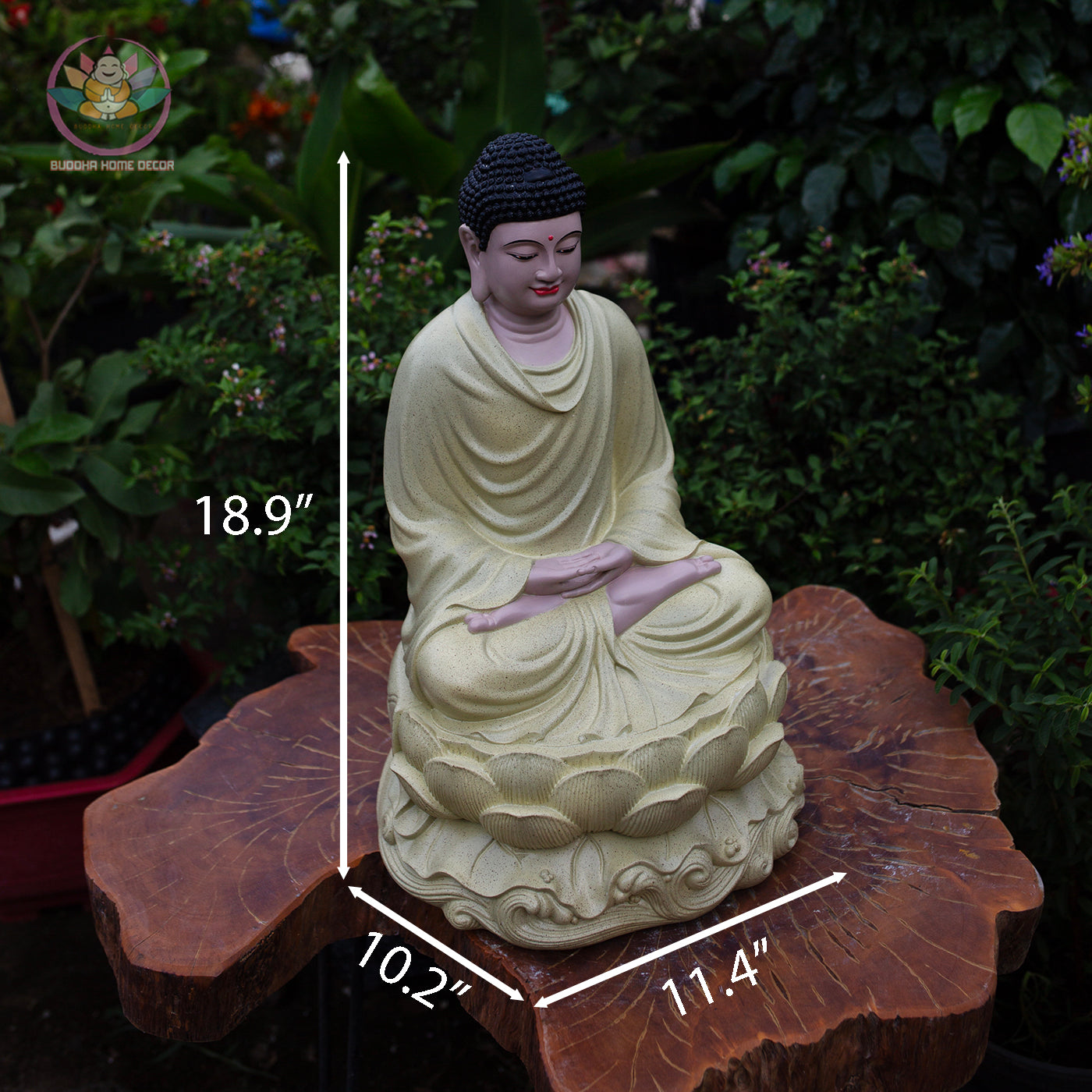Shakyamuni Buddha Statue on Lotus – 18.9" (48cm) Cream Yellow Resin | Meditation Pose | Handcrafted Vietnamese Buddhist Decor