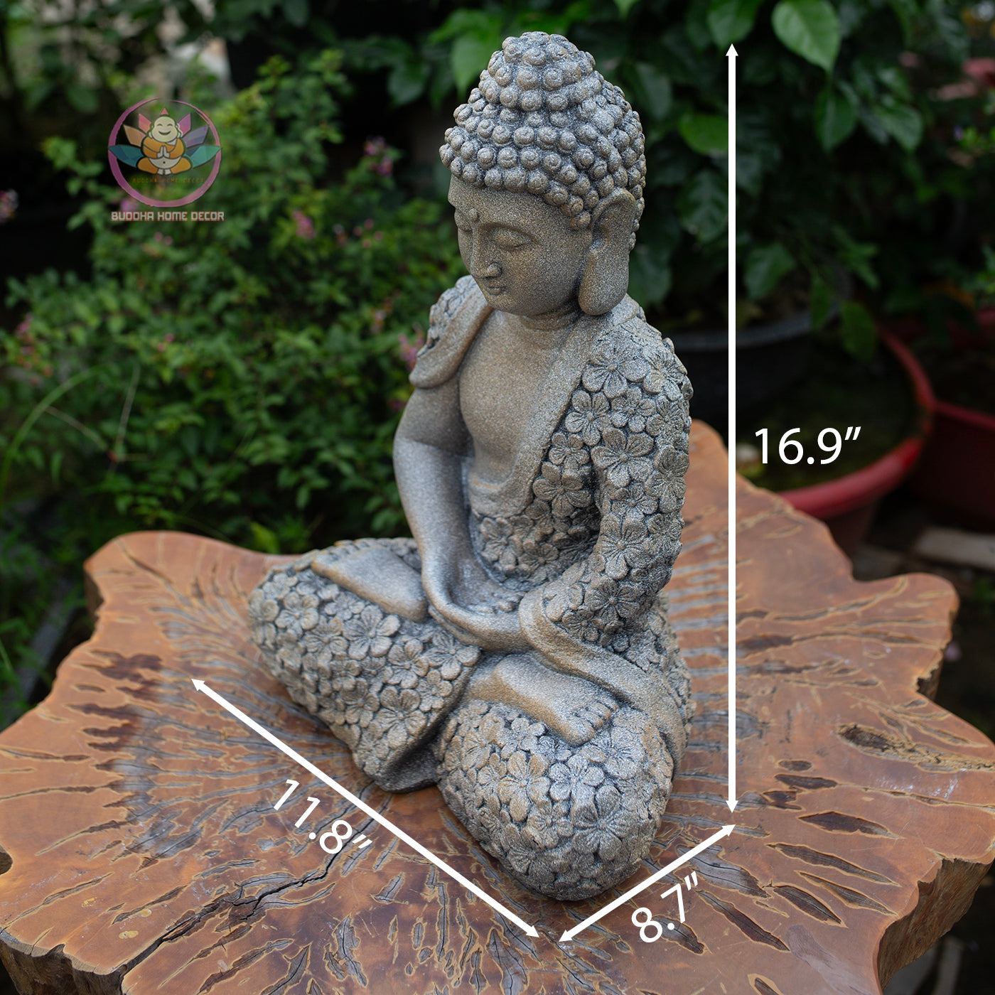 Meditating Buddha Statue 16.9" – Antique Stone Finish Floral Robe Buddha Sculpture