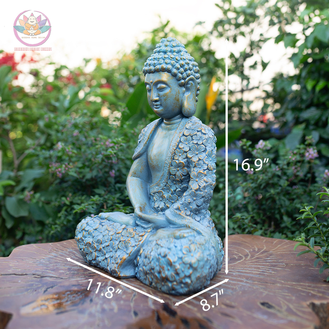 Shakyamuni Buddha Statue – Blue Floral Meditation Sculpture – Zen Home Decor, Buddhist Altar Ornament, Mindfulness Spiritual Gift