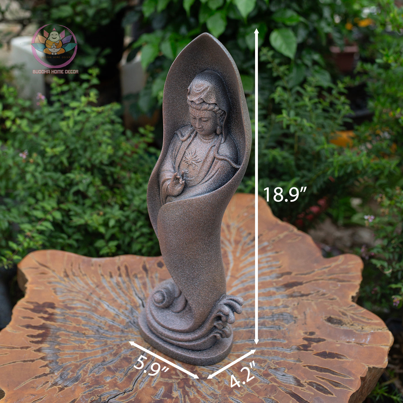 Guanyin Bodhisattva Statue 18.9" – Lotus Leaf Design Kwan Yin in Antique Stone Finish