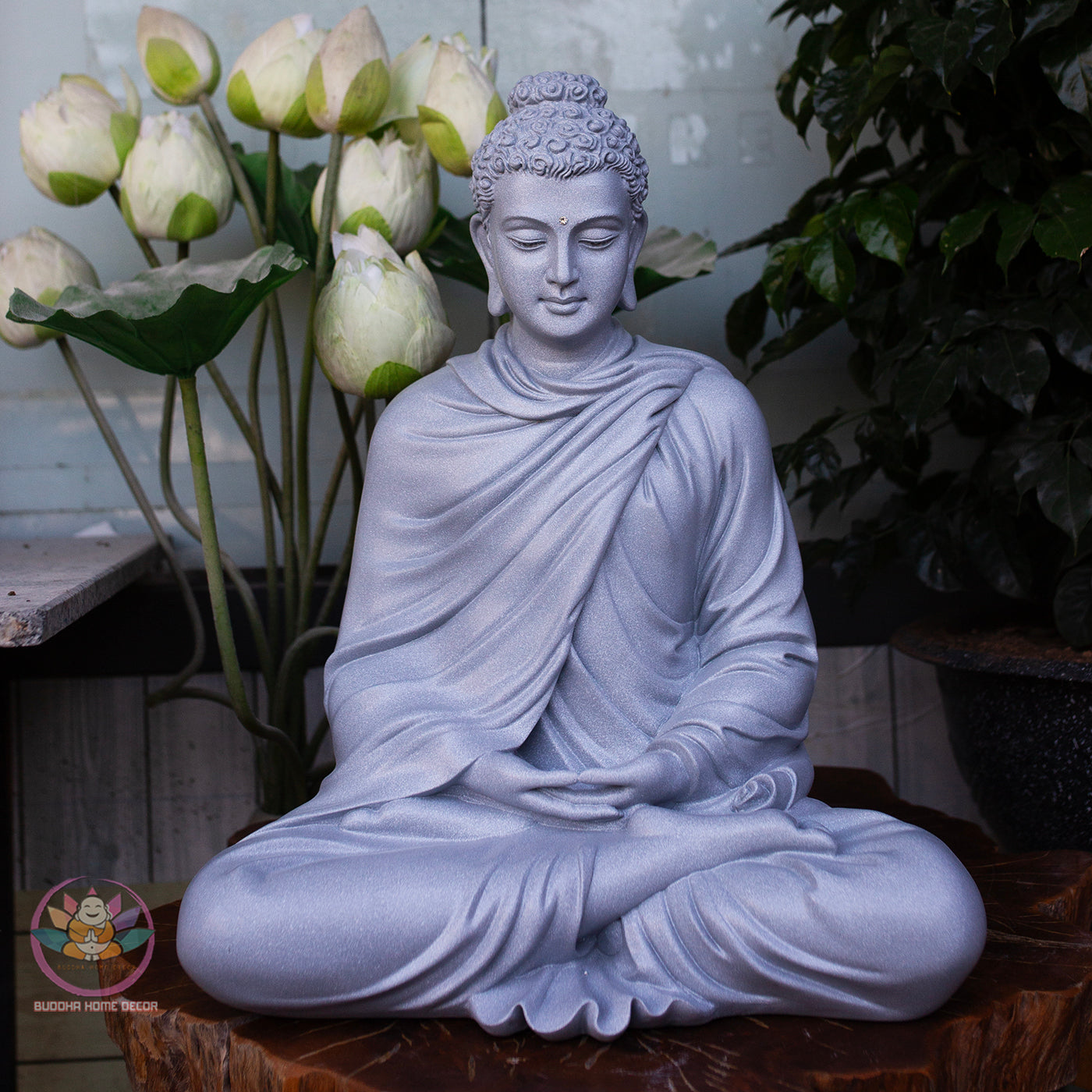 Silver Stone Buddha Statue – 20.5" (52cm) Shakyamuni in Meditation | Metallic Matte Finish | Handcrafted Resin Sculpture from Vietnam