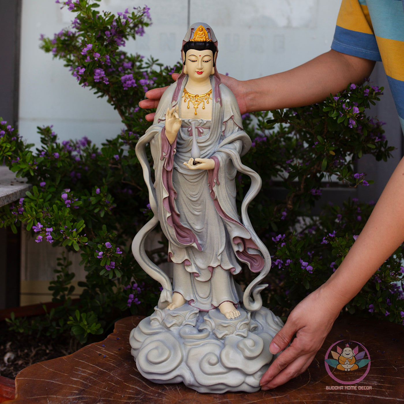 Standing Guanyin Statue – 19.7" (50cm) Bodhisattva on Cloud Base | Hand-Painted Resin Sculpture | Vintage Buddhist Decor from Vietnam