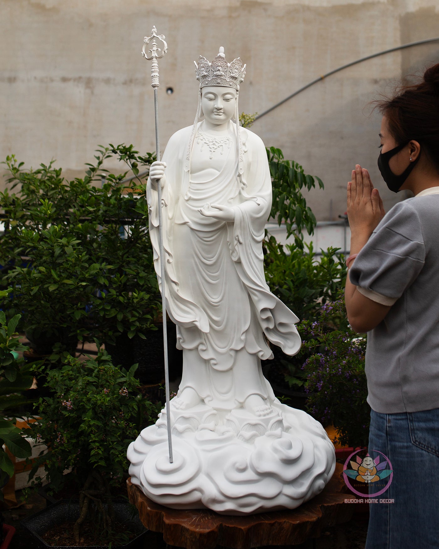 Ksitigarbha Bodhisattva Statue 47" – Large White Resin Jizo Buddhist Sculpture, Standing Dia Tang Bo Tat Figure, Zen Altar Garden Decor