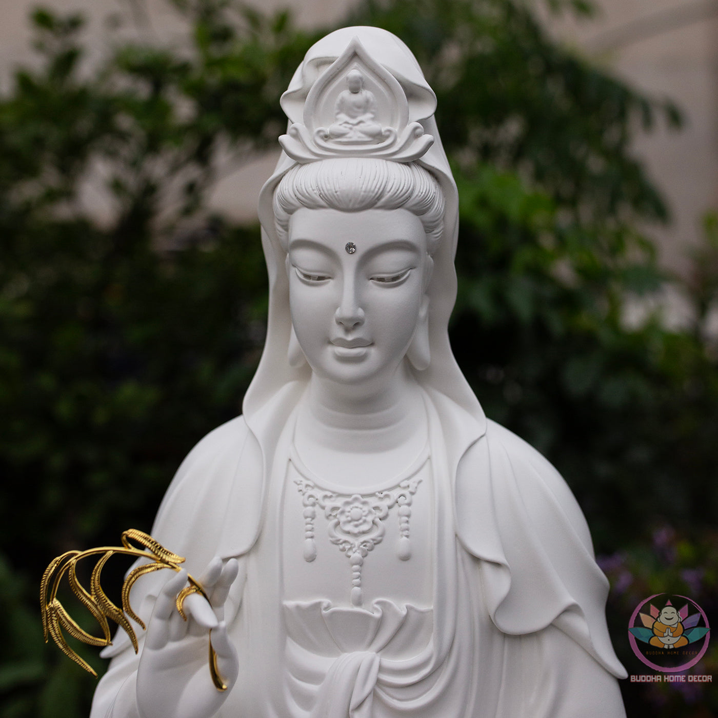 White Quan Yin Statue 25.6" | Composite Resin and Stone Powder | Seated Guanyin Bodhisattva on Lotus Base