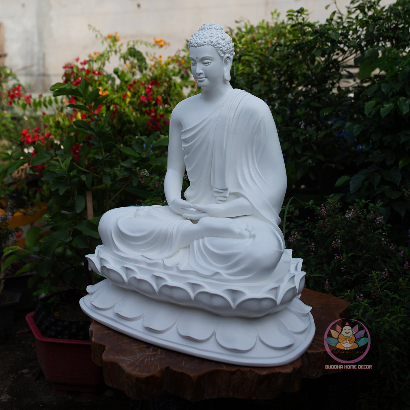 Shakyamuni Buddha Statue 27.5" – Large White Composite Seated Buddha on Lotus Pedestal