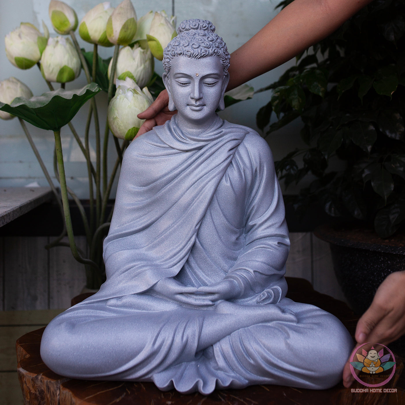 Silver Stone Buddha Statue – 20.5" (52cm) Shakyamuni in Meditation | Metallic Matte Finish | Handcrafted Resin Sculpture from Vietnam