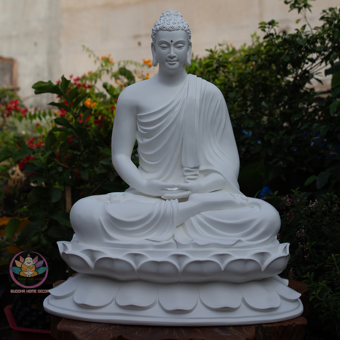 Shakyamuni Buddha Statue 27.5" – Large White Composite Seated Buddha on Lotus Pedestal