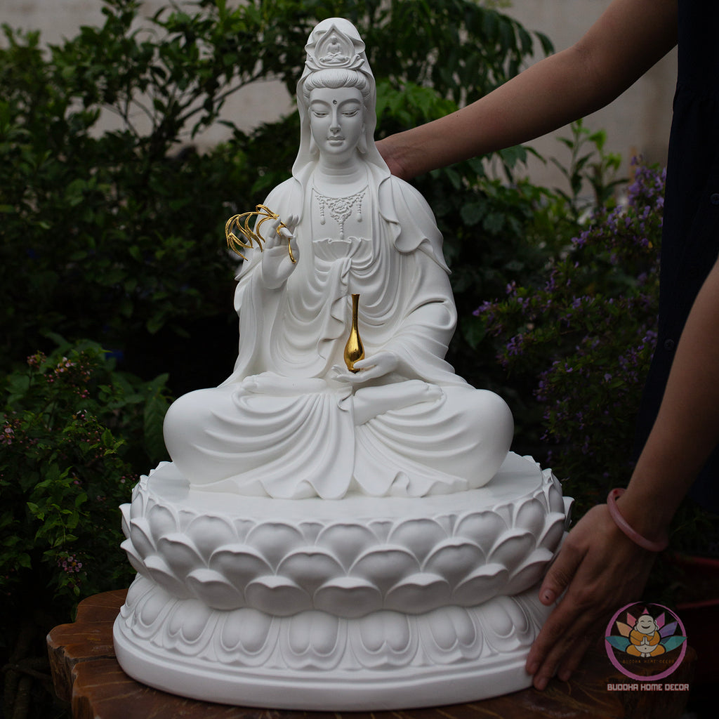 White Quan Yin Statue 25.6" | Composite Resin and Stone Powder | Seated Guanyin Bodhisattva on Lotus Base