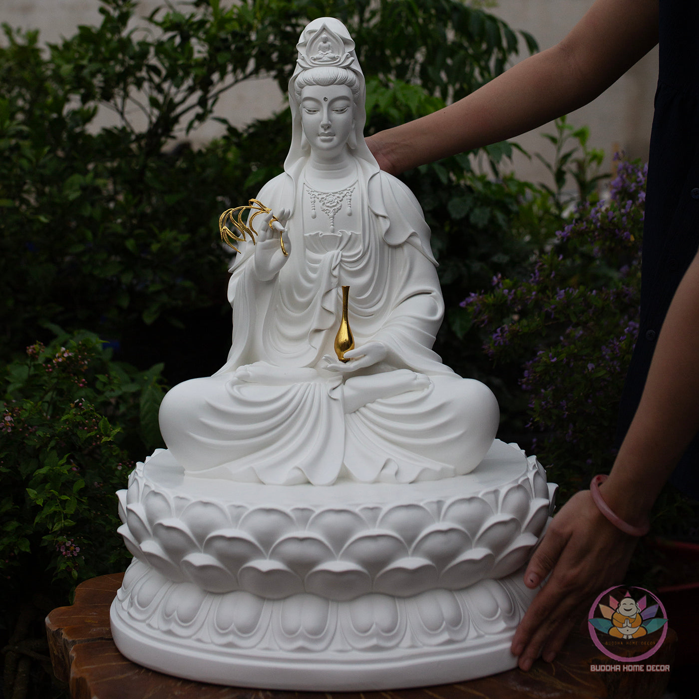 White Quan Yin Statue 25.6" | Composite Resin and Stone Powder | Seated Guanyin Bodhisattva on Lotus Base