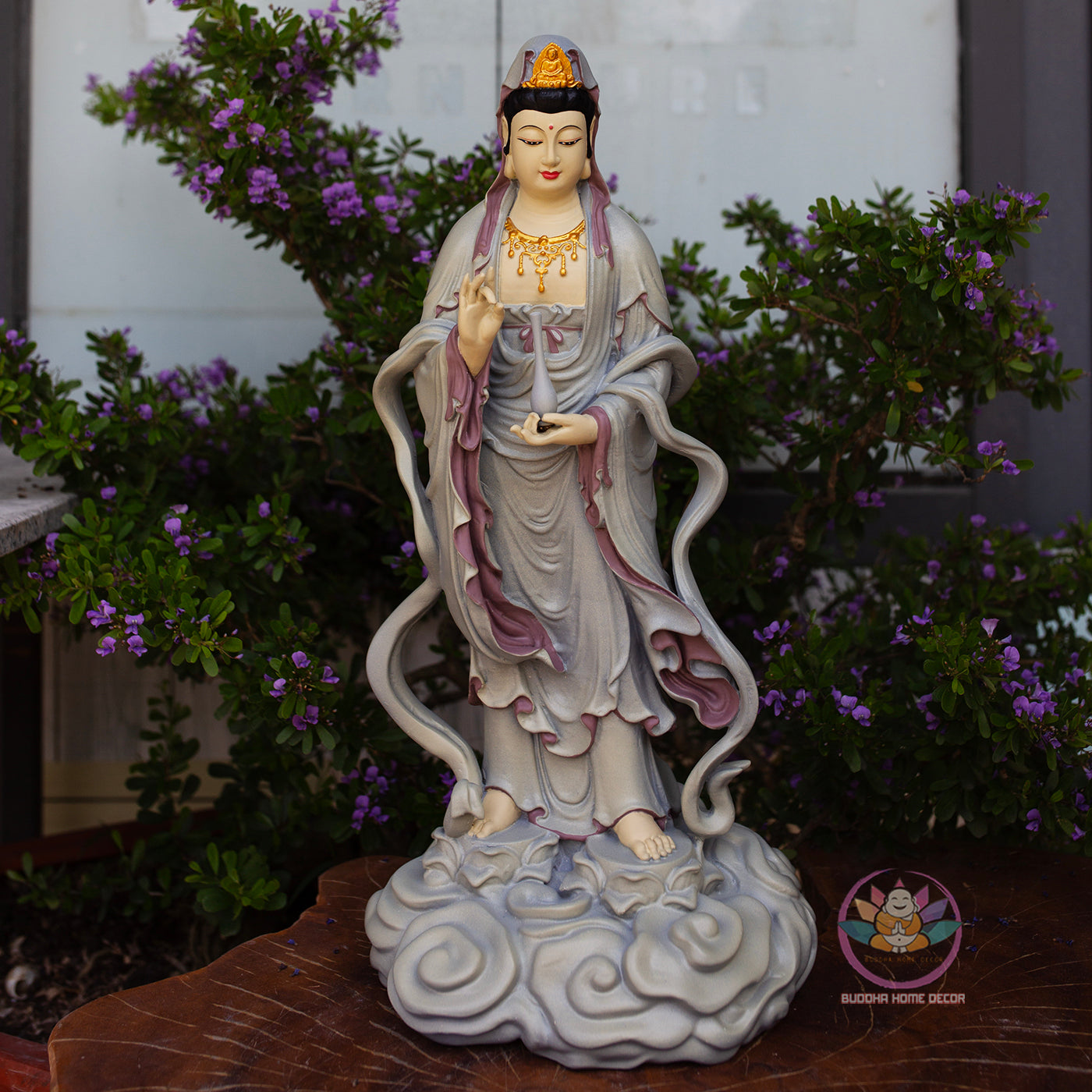 Standing Guanyin Statue – 19.7" (50cm) Bodhisattva on Cloud Base | Hand-Painted Resin Sculpture | Vintage Buddhist Decor from Vietnam