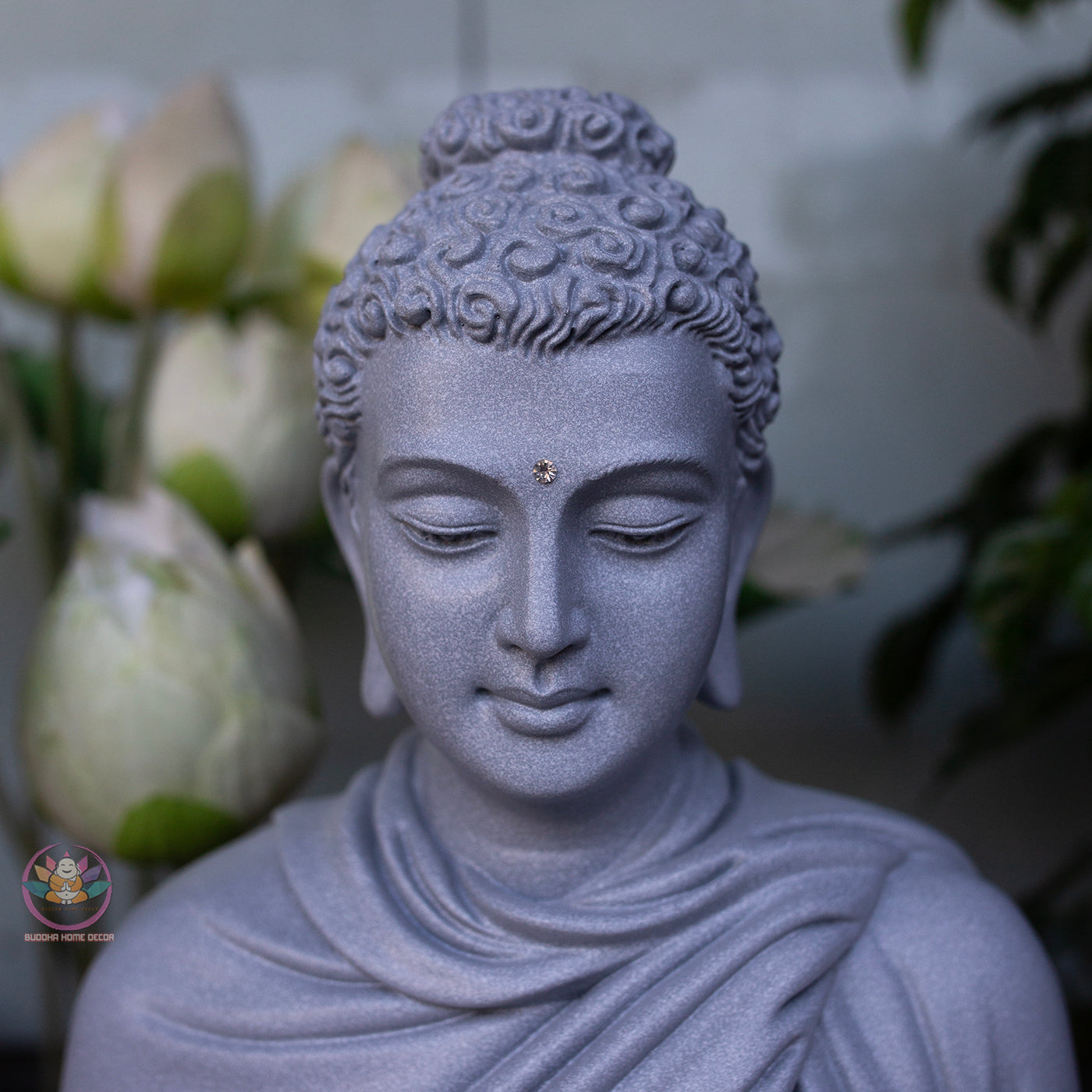 Silver Stone Buddha Statue – 20.5" (52cm) Shakyamuni in Meditation | Metallic Matte Finish | Handcrafted Resin Sculpture from Vietnam