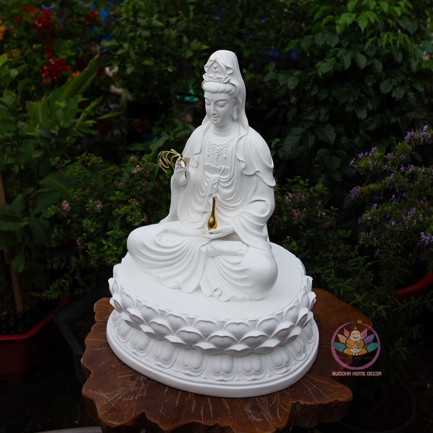 White Quan Yin Statue 25.6" | Composite Resin and Stone Powder | Seated Guanyin Bodhisattva on Lotus Base
