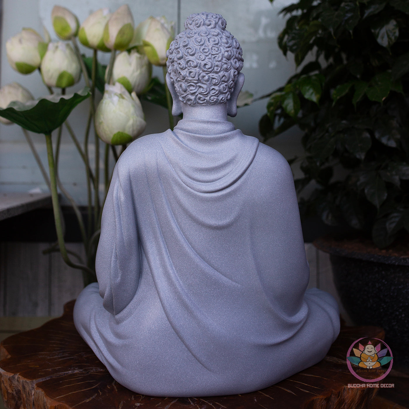 Silver Stone Buddha Statue – 20.5" (52cm) Shakyamuni in Meditation | Metallic Matte Finish | Handcrafted Resin Sculpture from Vietnam