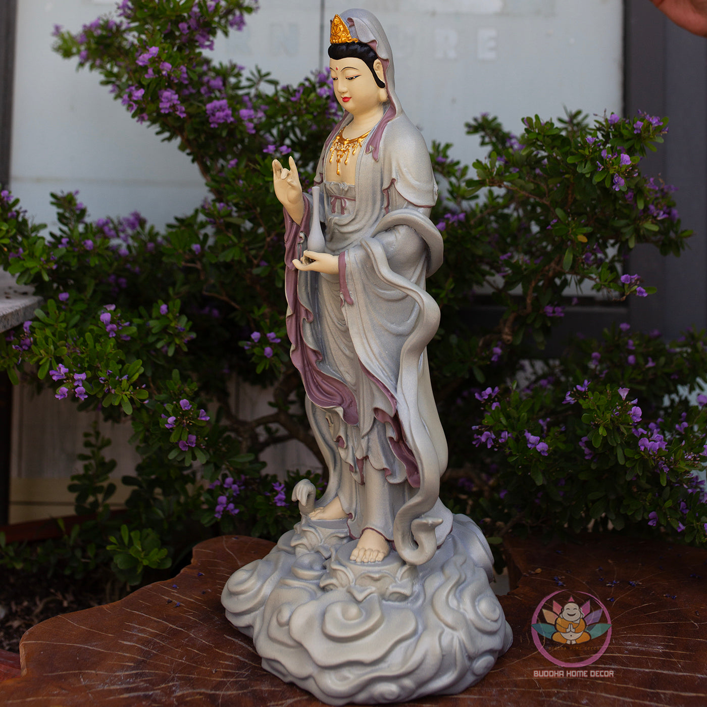Standing Guanyin Statue – 19.7" (50cm) Bodhisattva on Cloud Base | Hand-Painted Resin Sculpture | Vintage Buddhist Decor from Vietnam