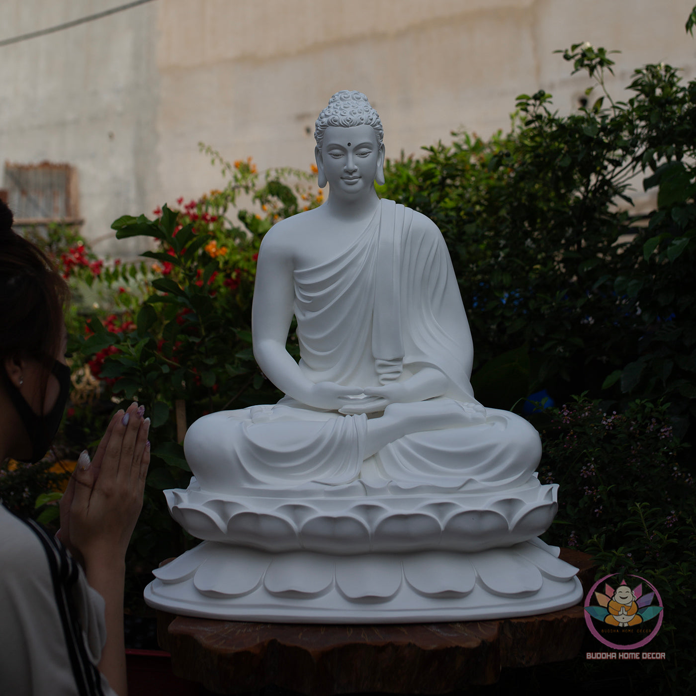 Shakyamuni Buddha Statue 27.5" – Large White Composite Seated Buddha on Lotus Pedestal