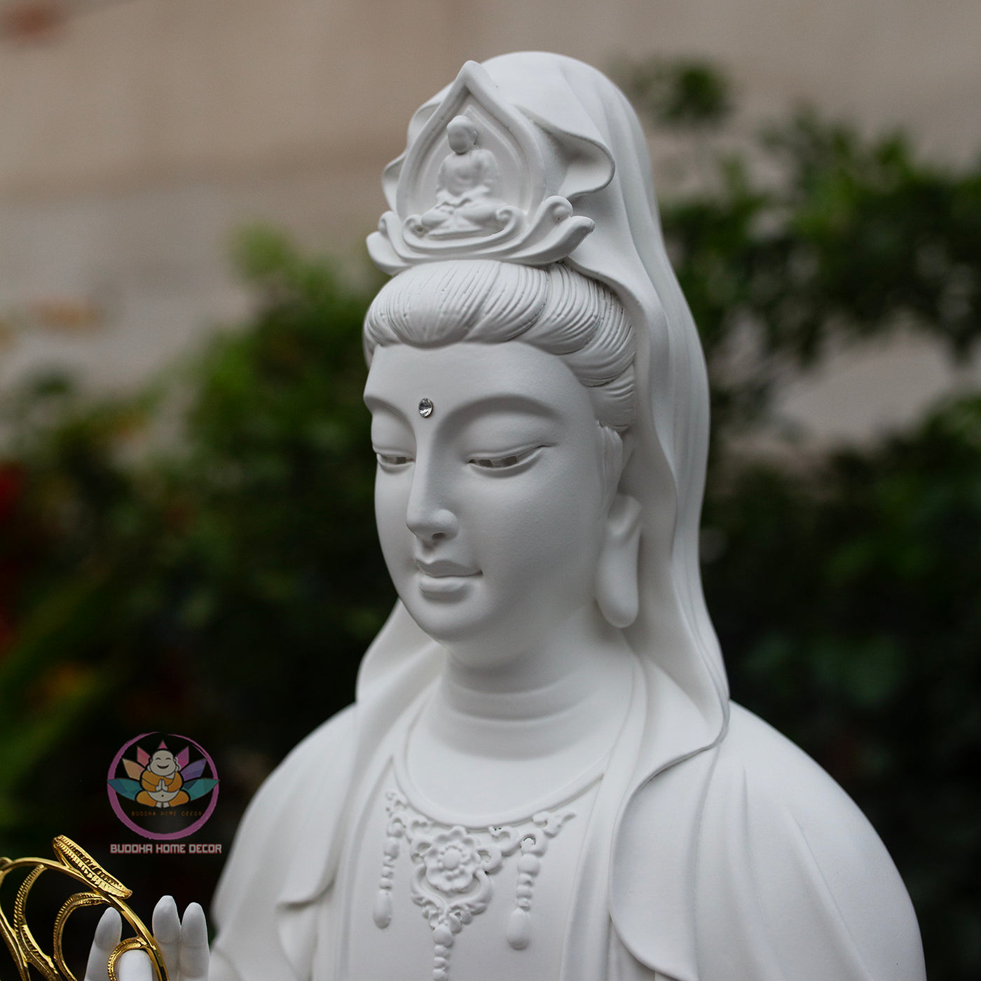 White Quan Yin Statue 25.6" | Composite Resin and Stone Powder | Seated Guanyin Bodhisattva on Lotus Base