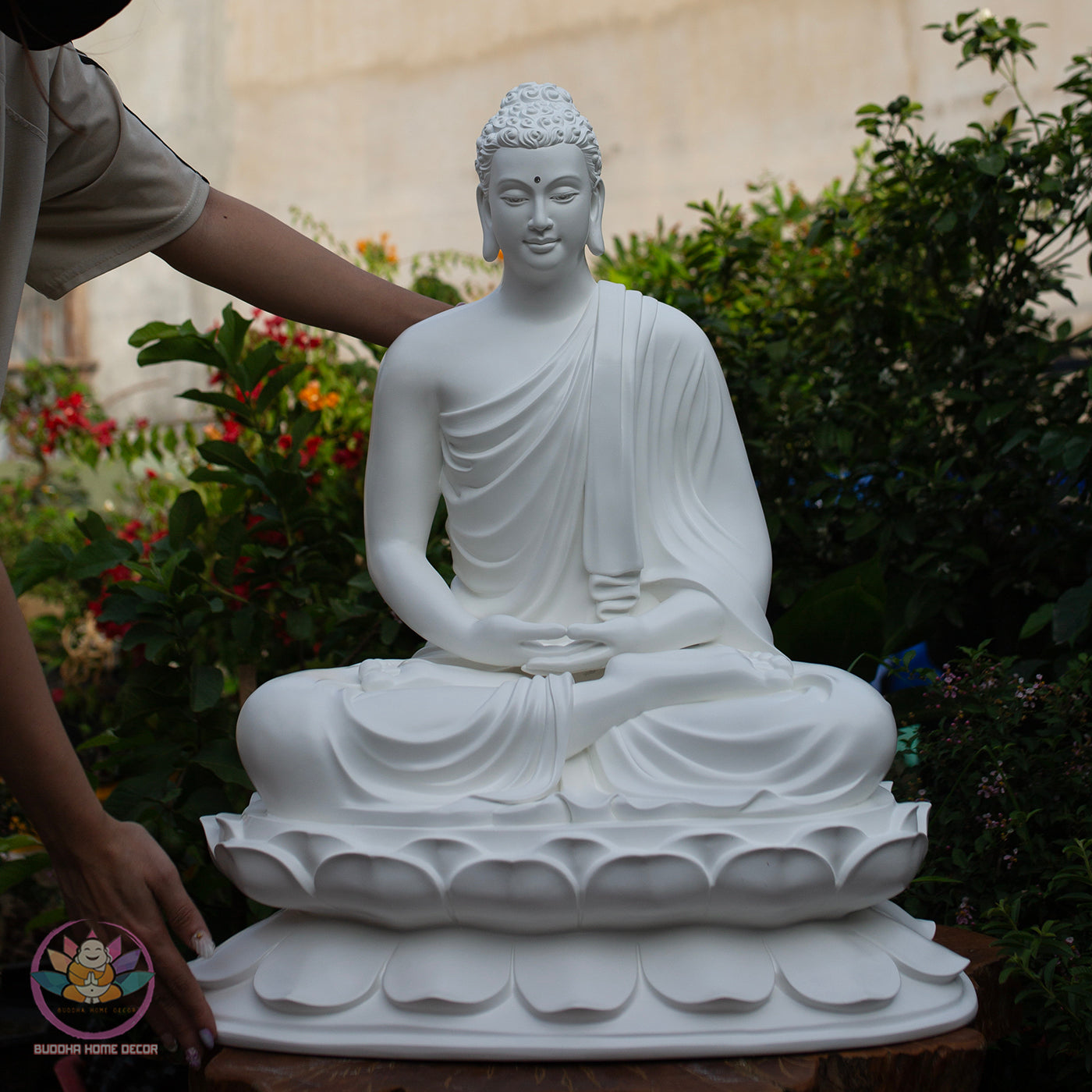 Shakyamuni Buddha Statue 27.5" – Large White Composite Seated Buddha on Lotus Pedestal