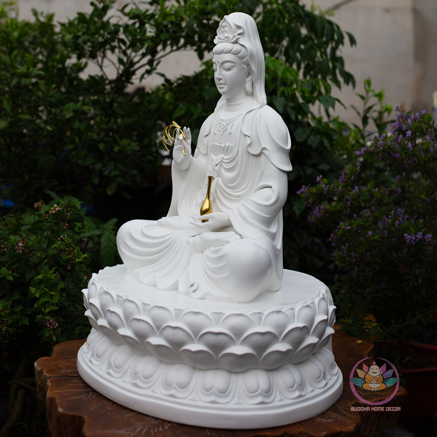 White Quan Yin Statue 25.6" | Composite Resin and Stone Powder | Seated Guanyin Bodhisattva on Lotus Base