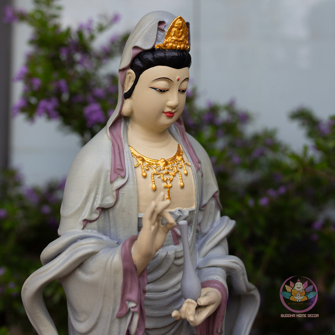 Standing Guanyin Statue – 19.7" (50cm) Bodhisattva on Cloud Base | Hand-Painted Resin Sculpture | Vintage Buddhist Decor from Vietnam