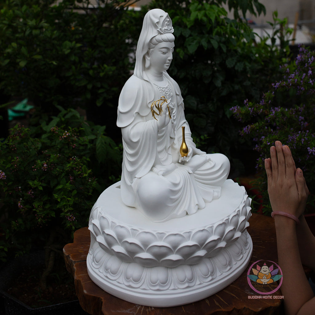 White Quan Yin Statue 25.6" | Composite Resin and Stone Powder | Seated Guanyin Bodhisattva on Lotus Base