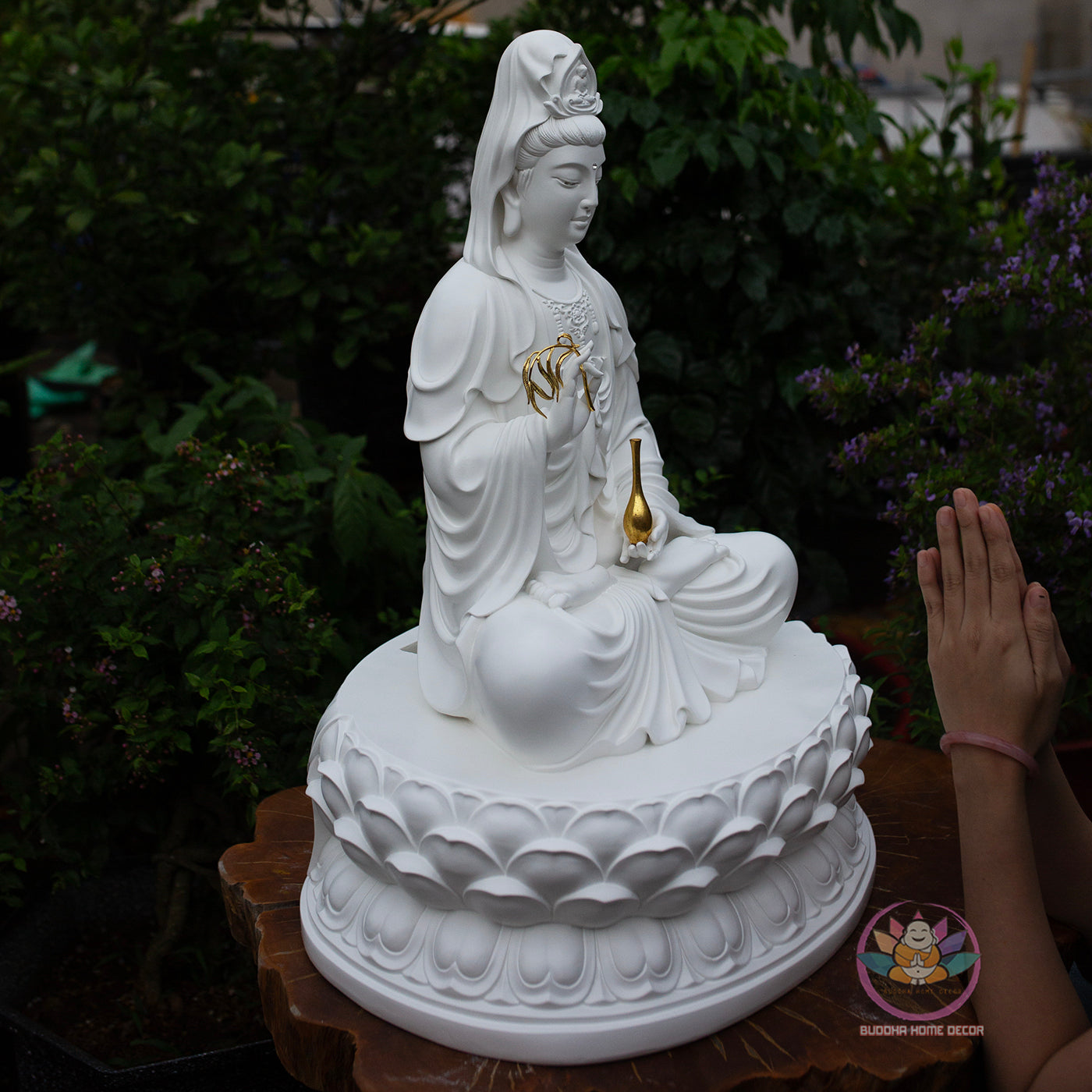 White Quan Yin Statue 25.6" | Composite Resin and Stone Powder | Seated Guanyin Bodhisattva on Lotus Base