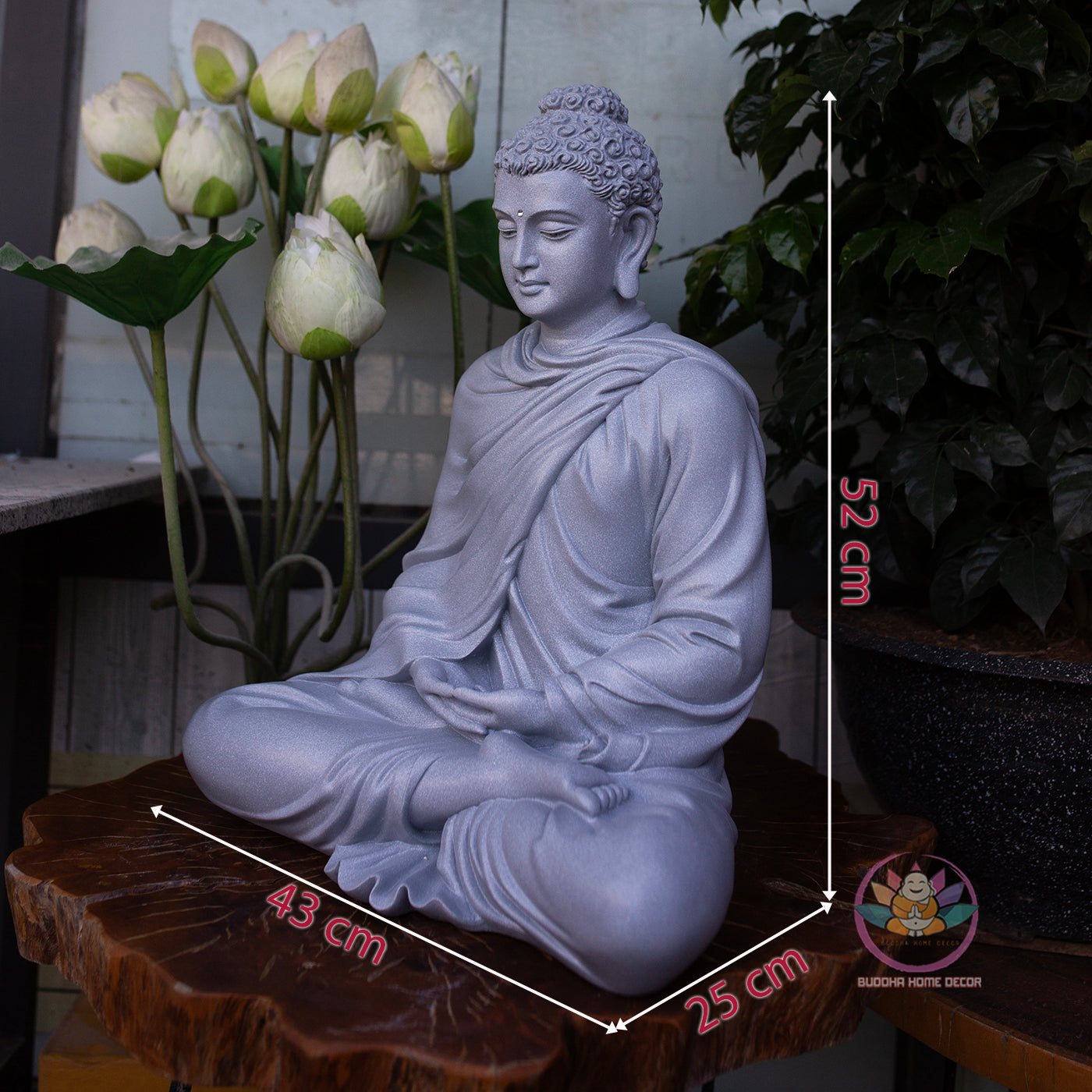 Silver Stone Buddha Statue – 20.5" (52cm) Shakyamuni in Meditation | Metallic Matte Finish | Handcrafted Resin Sculpture from Vietnam