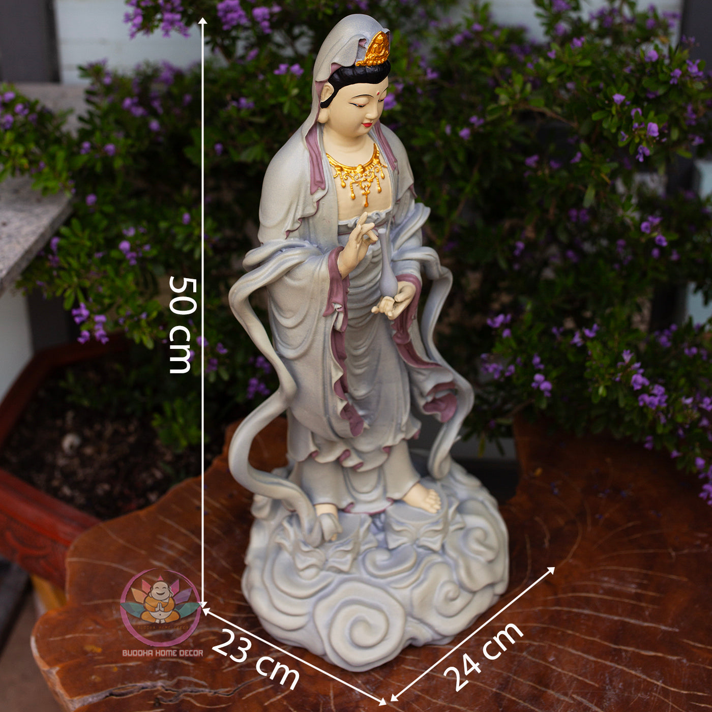 Standing Guanyin Statue – 19.7" (50cm) Bodhisattva on Cloud Base | Hand-Painted Resin Sculpture | Vintage Buddhist Decor from Vietnam