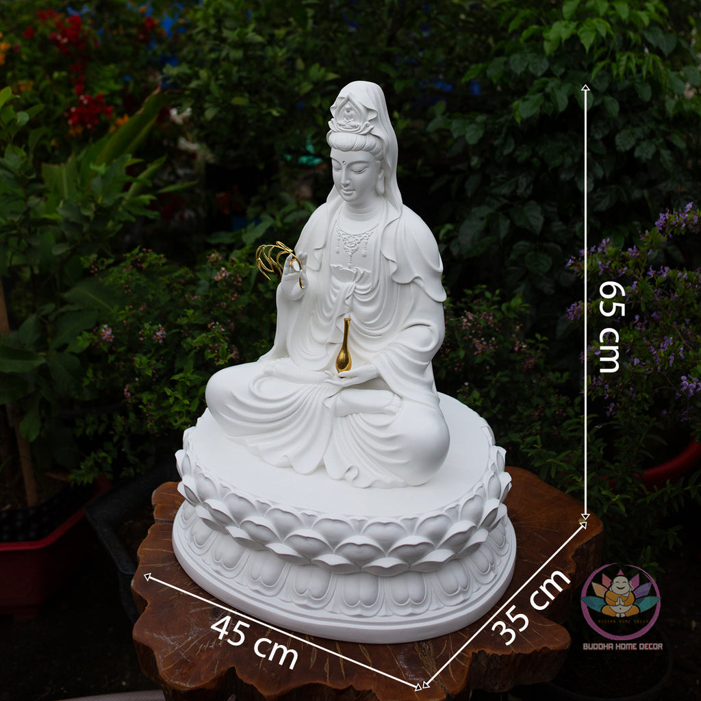 White Quan Yin Statue 25.6" | Composite Resin and Stone Powder | Seated Guanyin Bodhisattva on Lotus Base