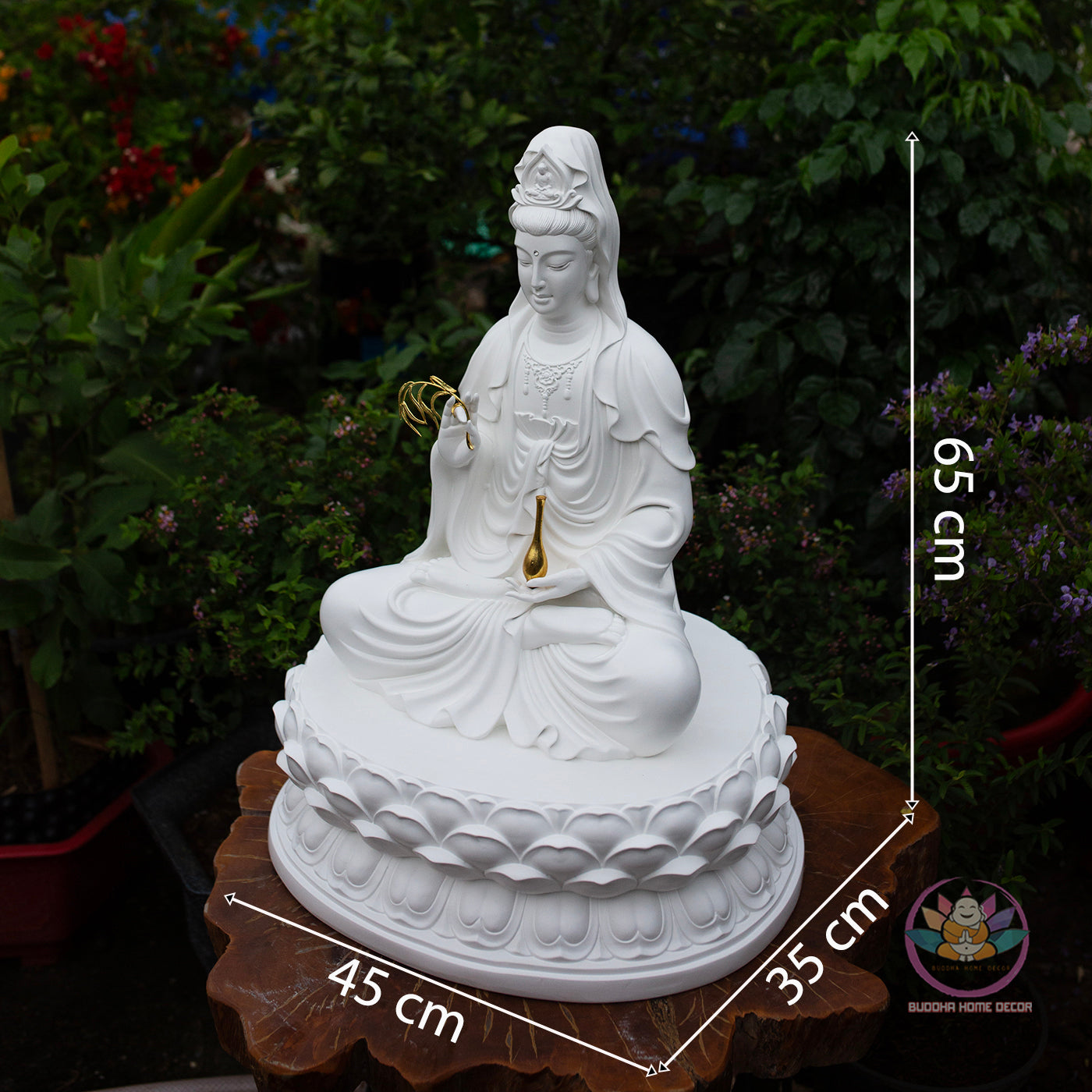 White Quan Yin Statue 25.6" | Composite Resin and Stone Powder | Seated Guanyin Bodhisattva on Lotus Base