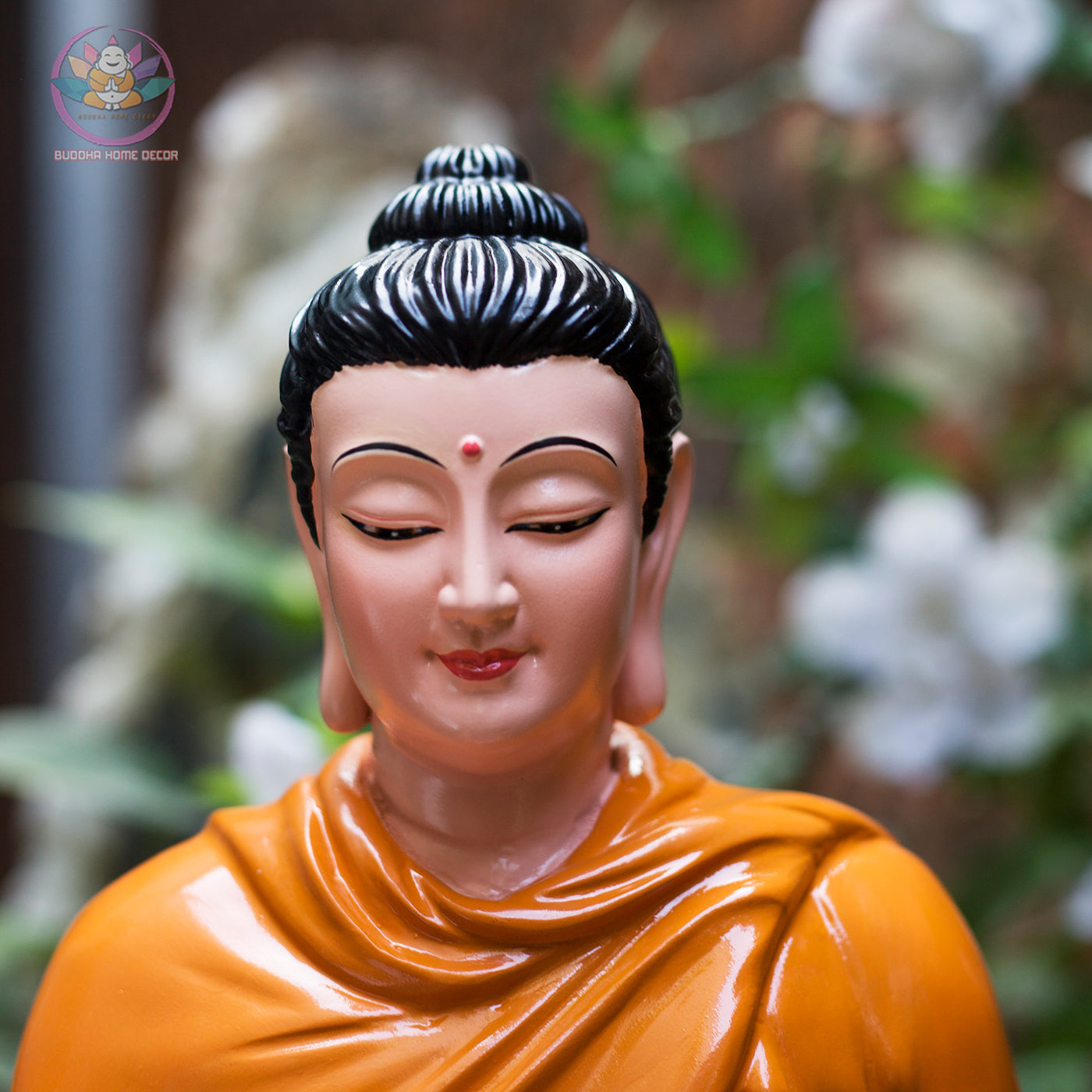 Shakyamuni Buddha Statue – 15.7" (40cm) in Burgundy Robe on Stone Base | Resin Meditation Sculpture | Handcrafted Vietnamese Decor