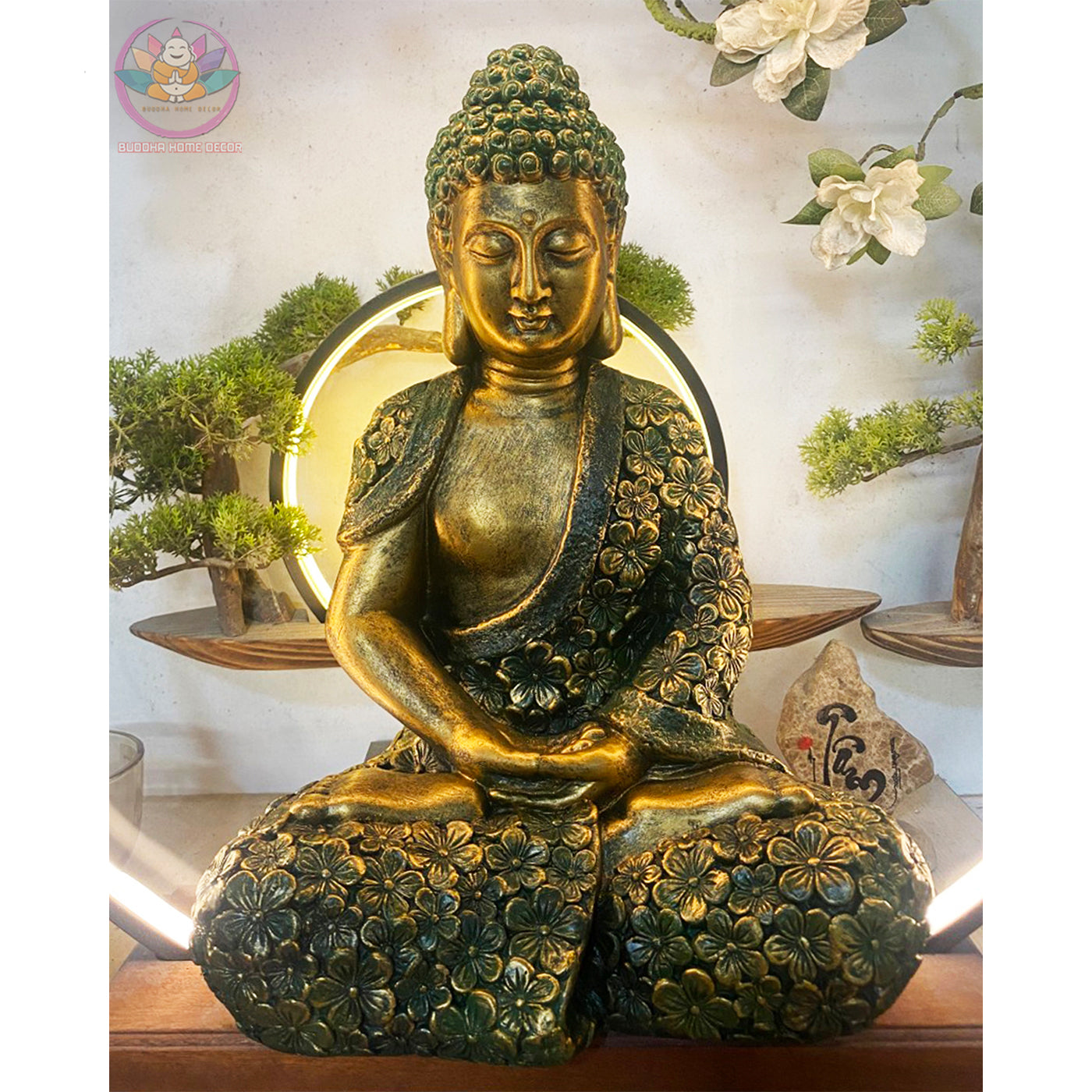 Floral Buddha Statue – 17" or 27.5" | Green Bronze Finish | Meditation Shakyamuni | Resin Handcrafted Buddhist Decor from Vietnam