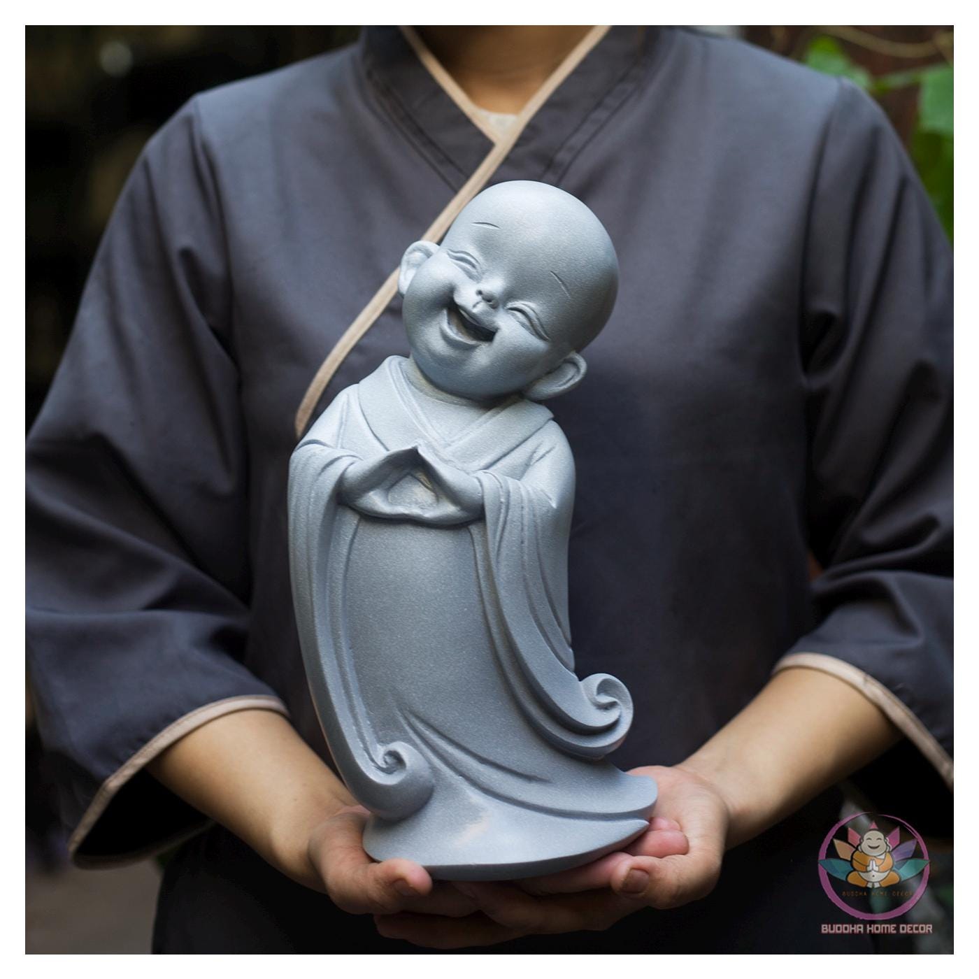 Happy Little Monk Statue – 11.8 inch | Zen Buddha Decor | Resin Stone Composite Sculpture