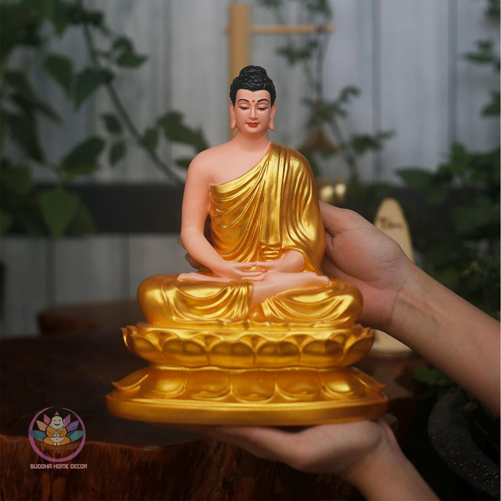 Shakyamuni Buddha Statue – 9.5 inches (24cm) Gold Robe Enlightenment Sculpture | Meditation Room Decor | Resin & Stone Powder