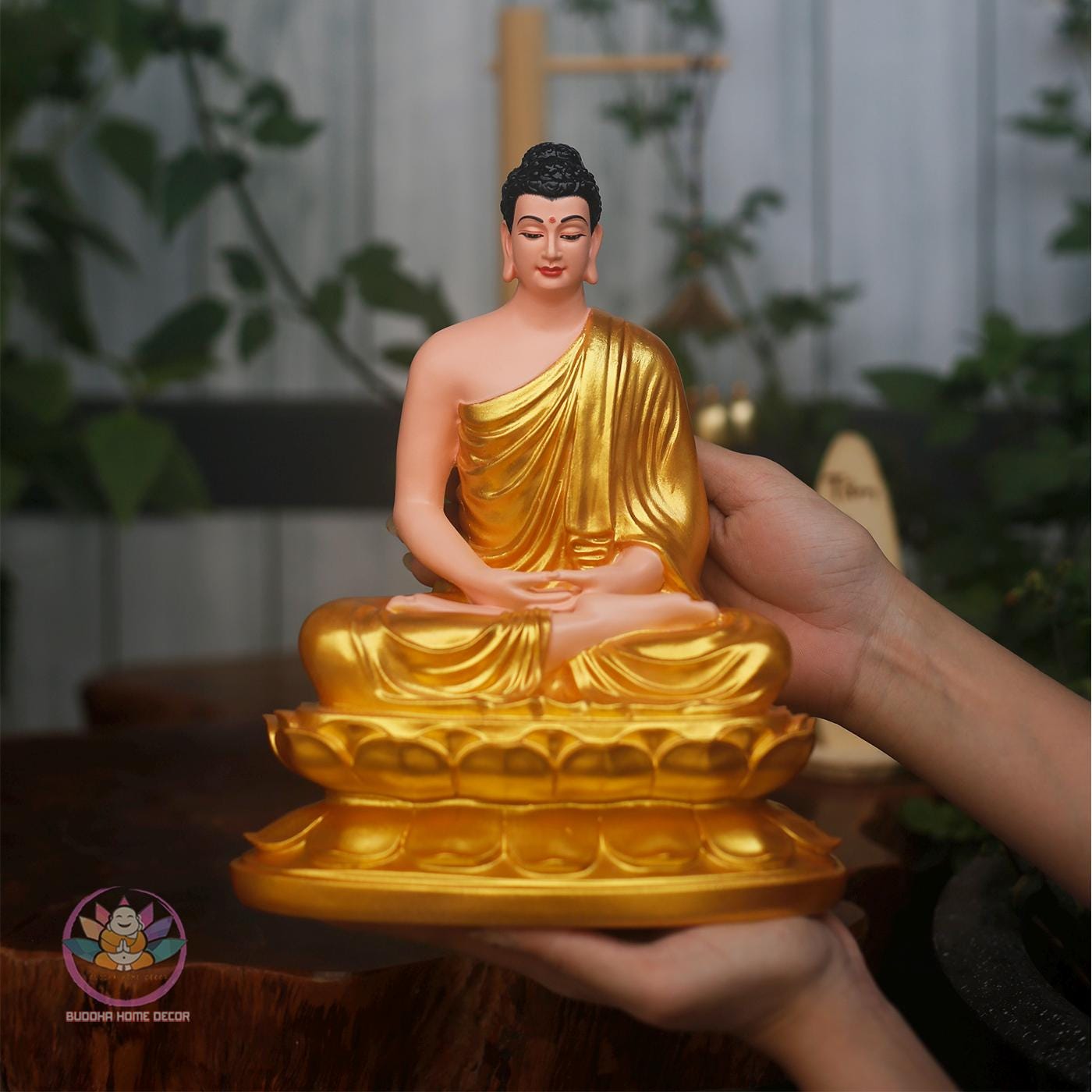 Shakyamuni Buddha Statue – 9.5 inches (24cm) Gold Robe Enlightenment Sculpture | Meditation Room Decor | Resin & Stone Powder