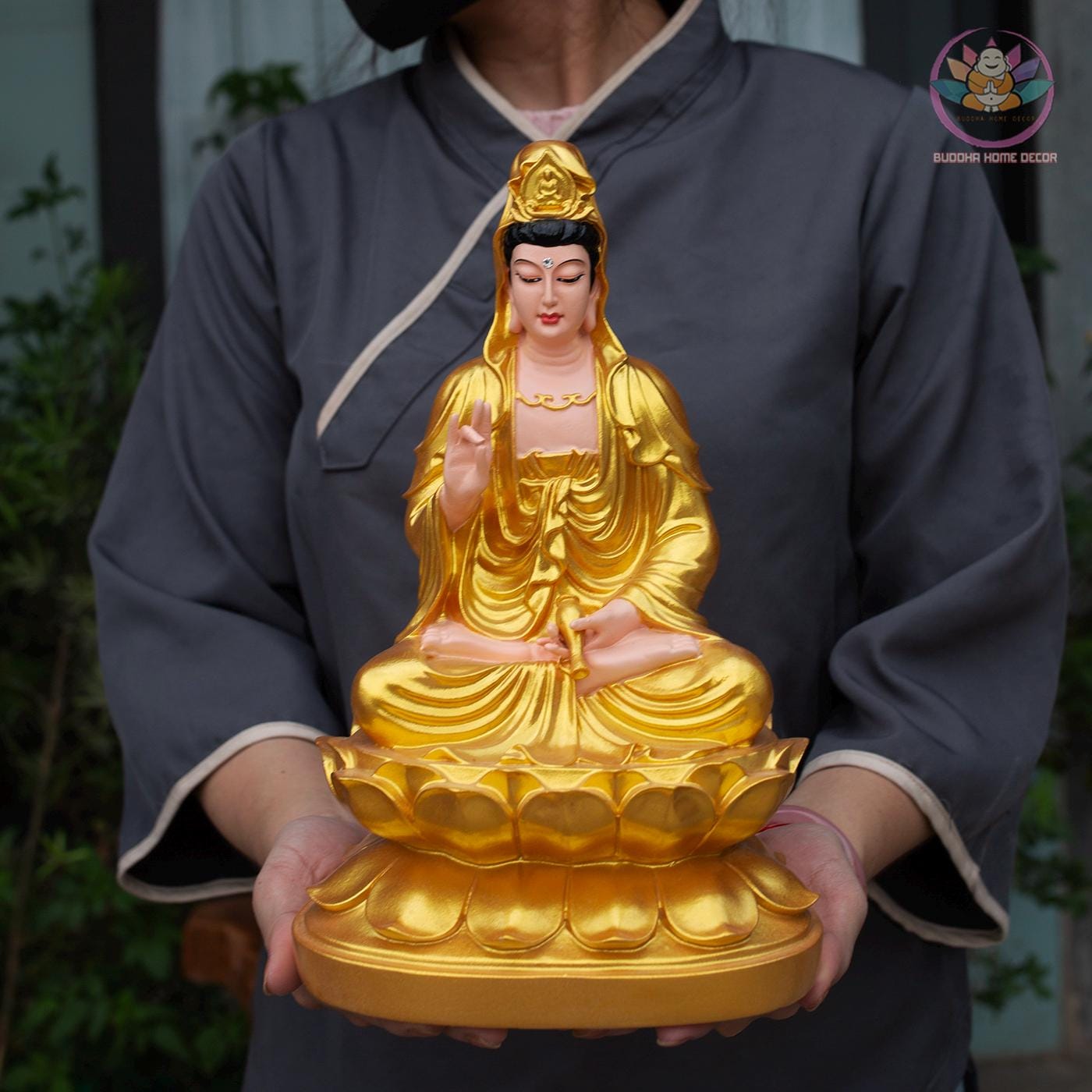 Golden Guanyin Buddha Statue – 30cm (11.8 inches) Resin & Stone Powder Figurine | Kwan Yin of Mercy | Meditation Altar Decor