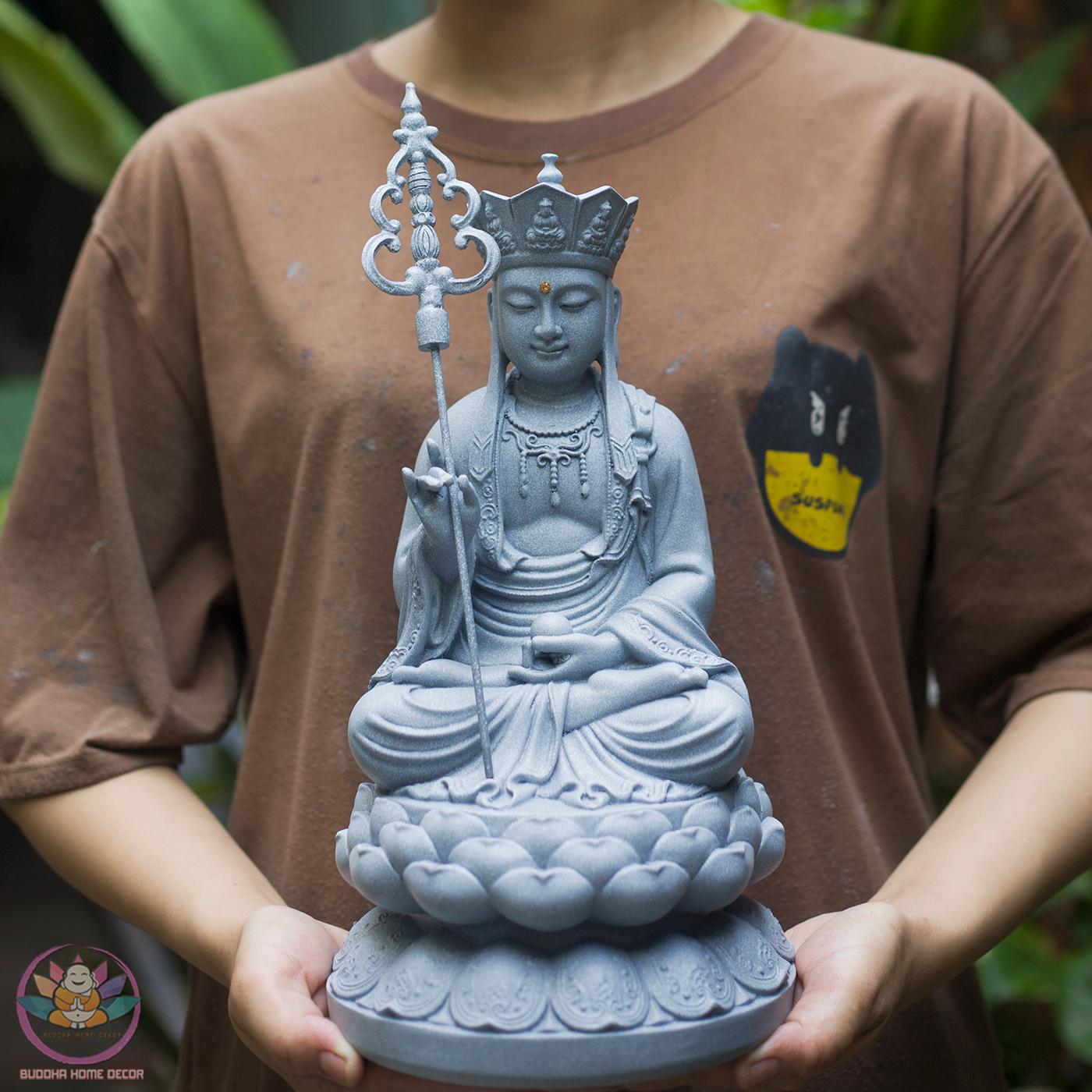 11.8 inches Ksitigarbha Bodhisattva Statue – Seated on Lotus, Stone-Finished, Buddhist Home Decor, Dharma Protector Sculpture
