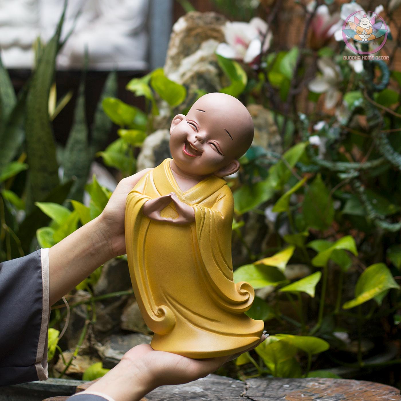 Happy Little Monk Statue – 11.8 inch | Zen Buddha Decor | Resin Stone Composite Sculpture