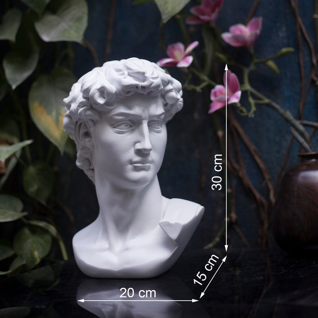David Bust Sculpture with Greek Column Pedestal – Michelangelo Inspired Plaster Statue – Classical Home Decor – Art Studio Accent