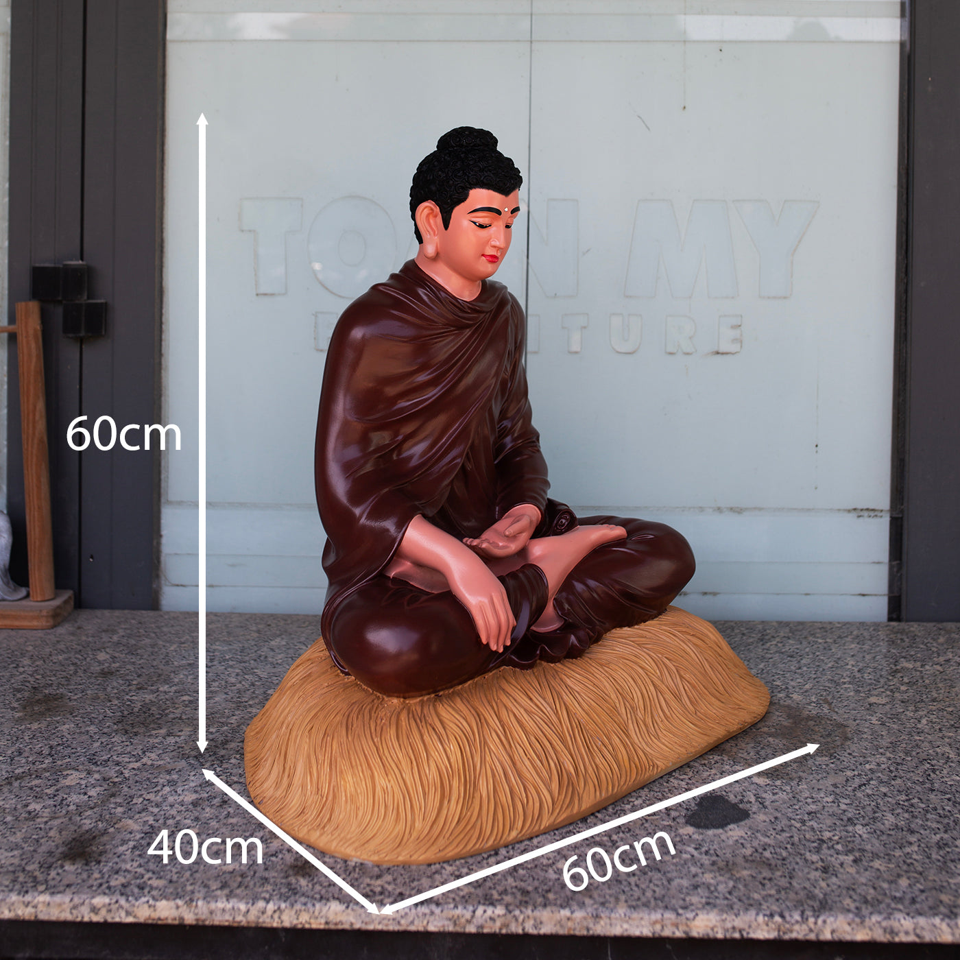 Shakyamuni Buddha Statue 23.6" Seated on Pedestial Glossy Ceramic Brown Finish