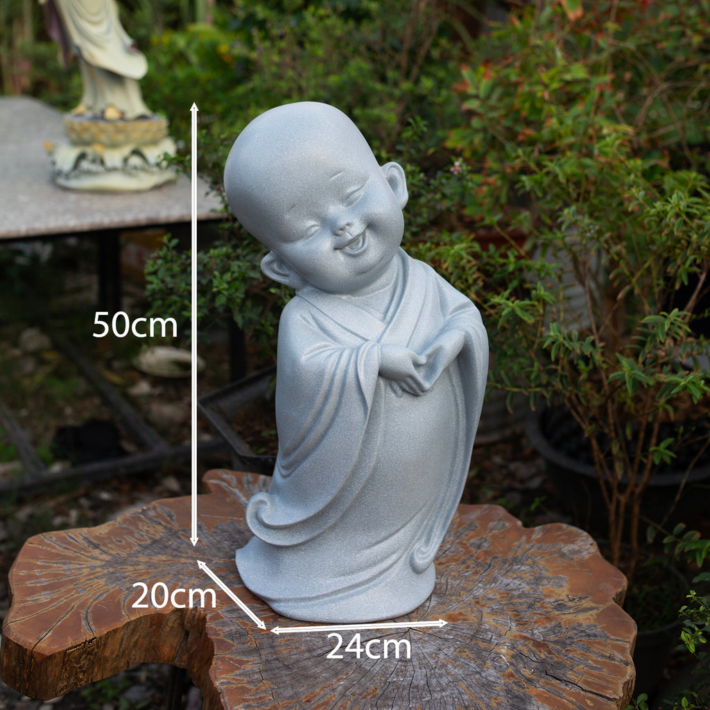 Happy Little Monk Statue 19.7" | Composite Resin and Stone Powder | Grey Stone Finish | Zen Monk Figurines for Home and Garden Decor