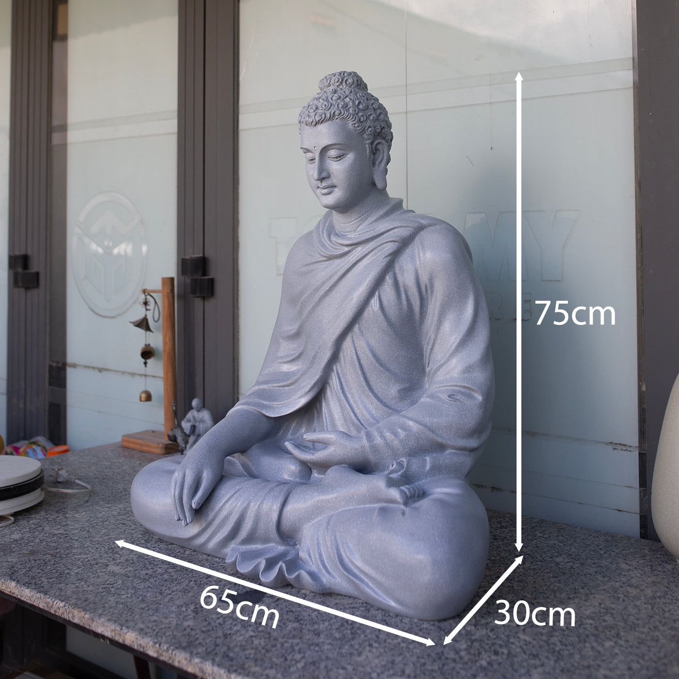 Shakyamuni Buddha Statue – Large Grey Stone Finish Seated Buddha Meditation Sculpture 29.5"