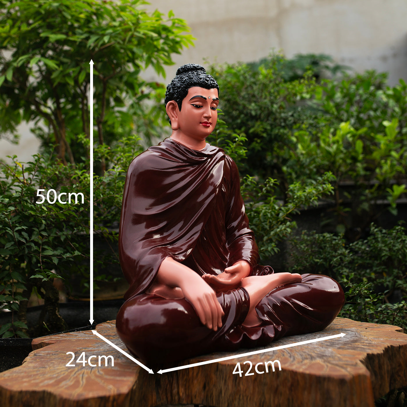 Shakyamuni Buddha Statue 19.7" | Composite Resin and Stone Powder | Glossy Ceramic Brown Finish