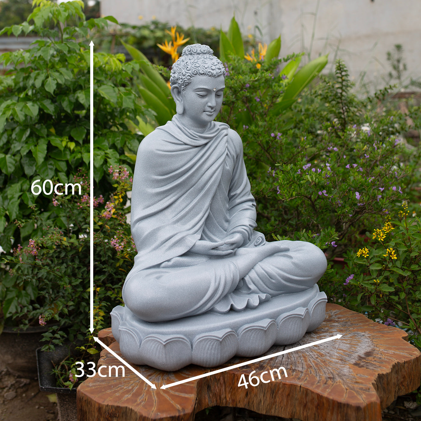 Shakyamuni Buddha Statue 23.6" | Composite Resin and Stone Powder | Grey Stone Finish | Seated Meditation Buddha on Lotus Pedestal
