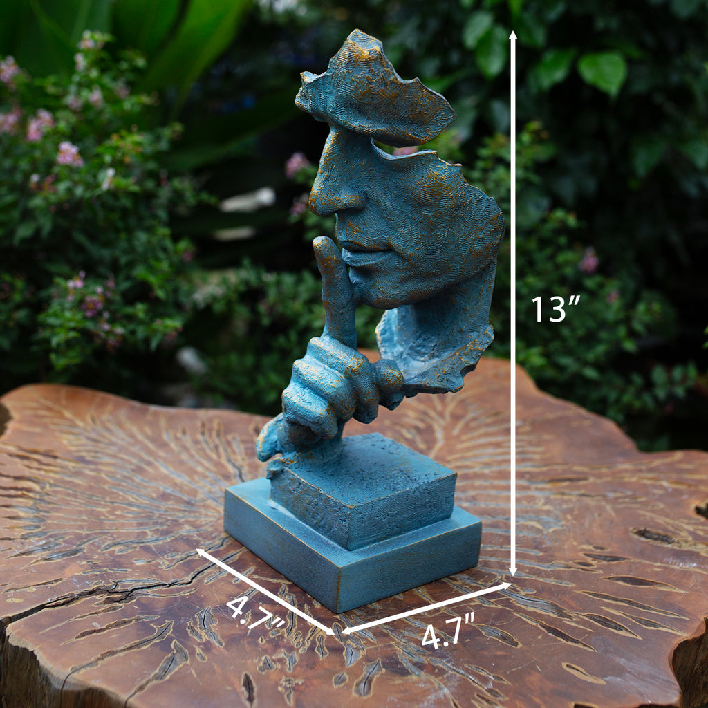 Abstract Silence Face Sculpture: Blue & Gold Resin Modern Art