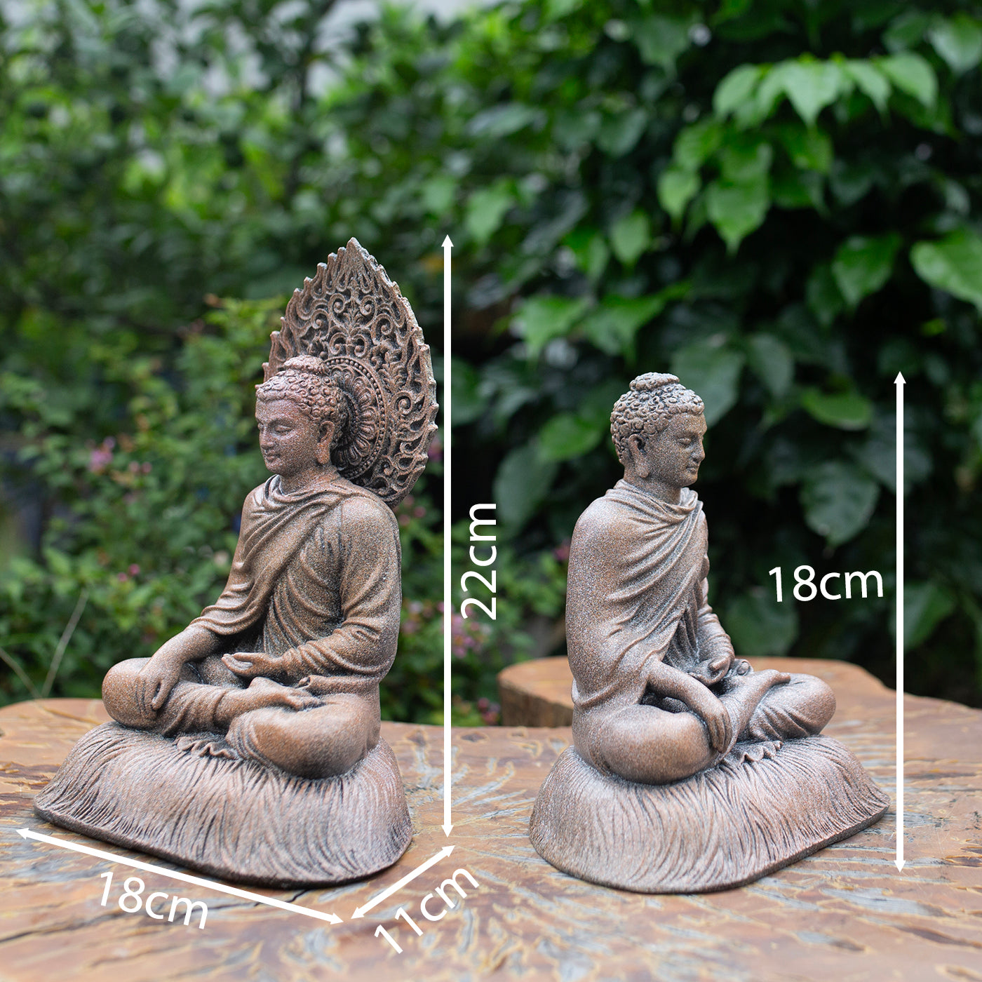 Shakyamuni Buddha Statue 8.7" – Antique Stone Finish Buddha with Halo Backdrop