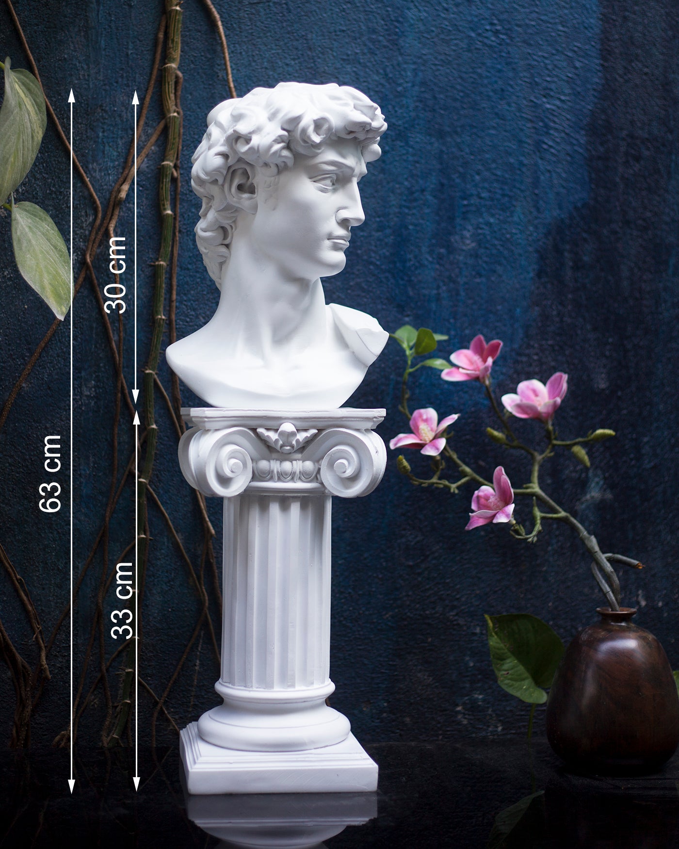 David Bust Sculpture with Greek Column Pedestal – Michelangelo Inspired Plaster Statue – Classical Home Decor – Art Studio Accent