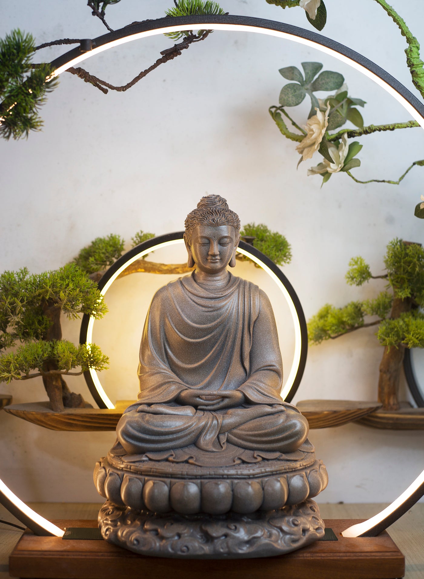 Sakyamuni Buddha with Avalokiteshvara and Ksitigarbha Bodhisattva Statue Set – Composite Gray Finish