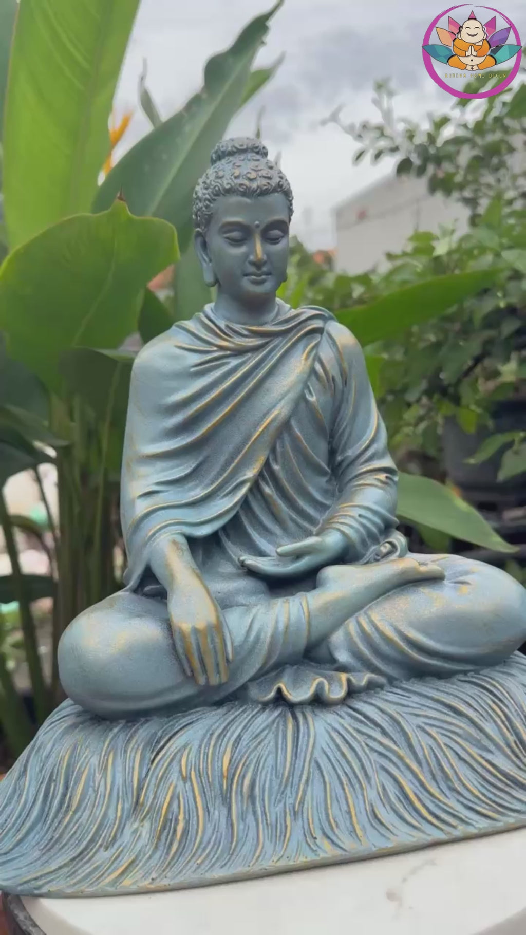 Shakyamuni Buddha Statue 11.8" – Antique Bronze Blue Resin Meditation Sculpture, Seated Buddhist Figurine, Zen Home Altar Spiritual Decor